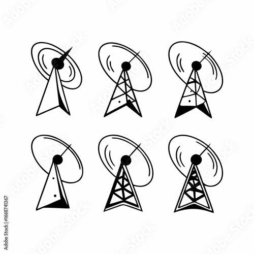 Set of six antenna tower icons for communication and technology concept
