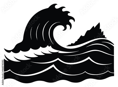Dramatic ocean wave and coastal mountain silhouette in black and white design