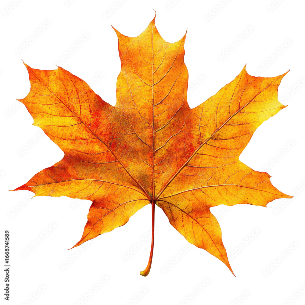 Fototapeta premium Colorful autumn maple leaf isolated on a white transparent background, for seasonal and nature-themed design projects