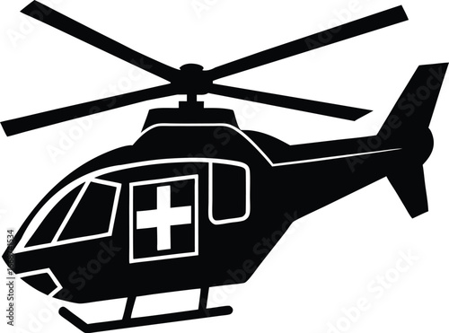 Military rescue helicopter silhouette in minimal flat vector illustration for aviation use