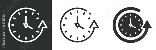 flat and linear set icons, one time daylight, clock icon, arrow around past day, simple symbols on white and black background - editable stroke vector illustration