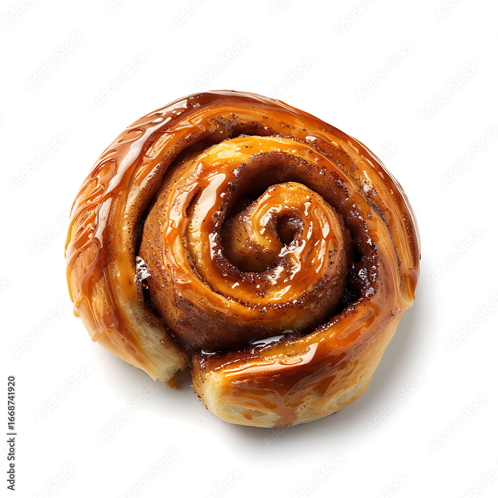 Fototapeta premium Golden Cinnamon Roll with Glaze Isolated on White Background