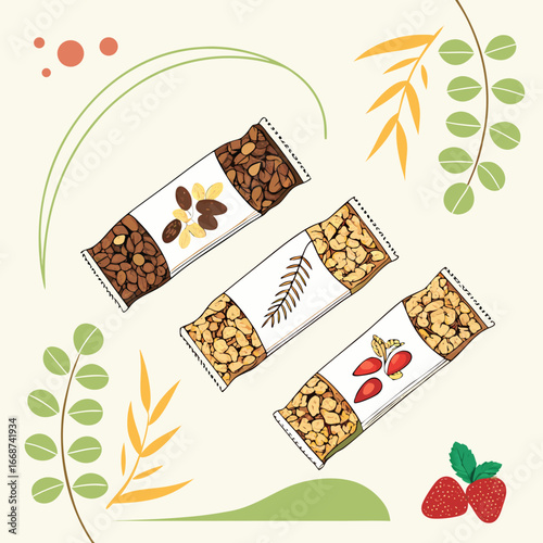 Three granola bars with different flavors and plant decorations on a light background design