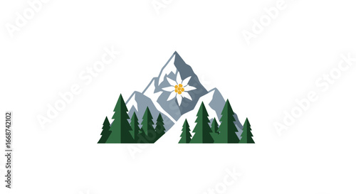 Scenic mountain landscape with trees and a beautiful flower in nature.