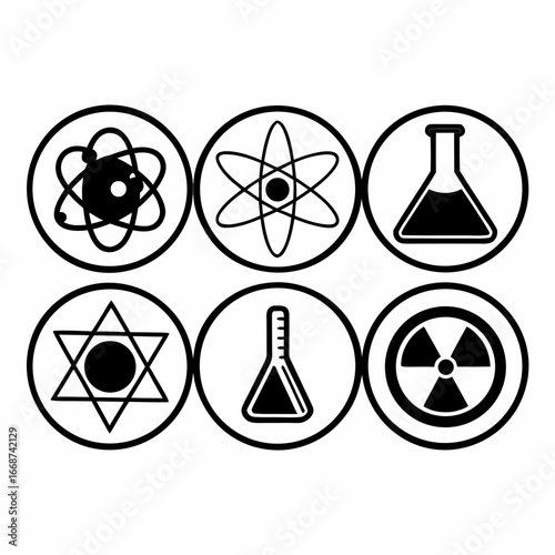 Illustration of science and radiation symbols in circles in black