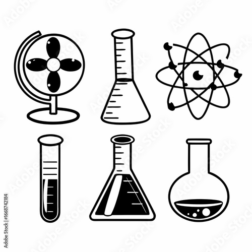Science and chemistry equipment icons including flasks, beakers, atom models and a fan