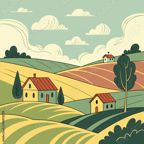 Illustration of rolling hills with houses and trees under a cloudy sky in a countryside scene