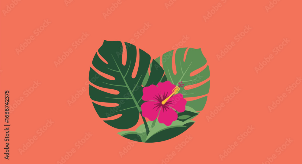 Naklejka premium Tropical Monstera Leaves and Pink Hibiscus Flower Illustration.