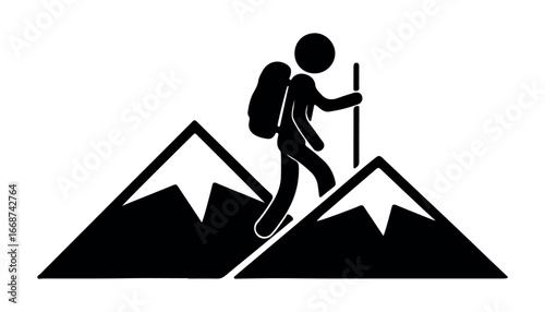 Stickman mountain hiking silhouette vector showing climbing with backpack and trekking pole, outdoor adventure and exploration symbol