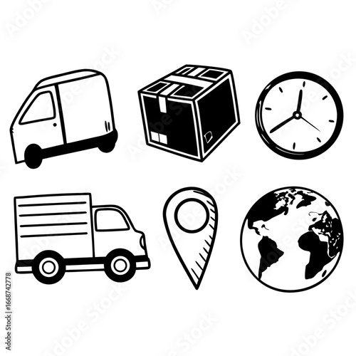 Delivery service icons set with van, box, clock, truck, location pin and earth