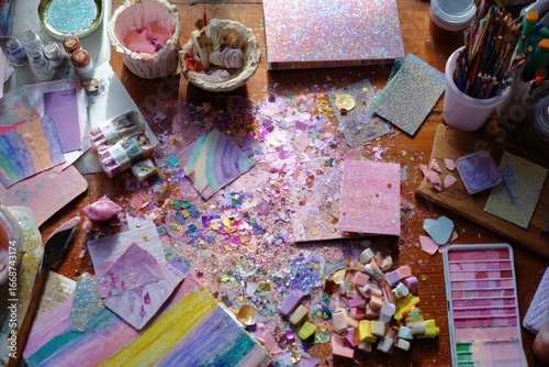 Craft Table with Glitter, Paint, and Art Supplies on Wooden Surface