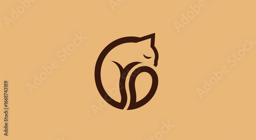 Minimalist Curled Cat Logo Design in Single Line Art.