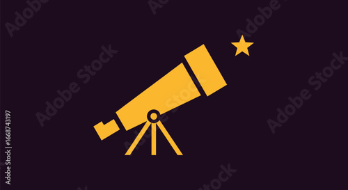 Line art illustration of a telescope and star.