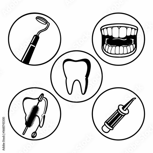 Dental equipment and tools for oral hygiene in a hand drawn style