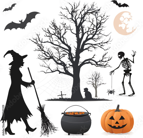 Halloween spooky set, 8 unique black silhouettes, witch hat, broomstick, cauldron, carved pumpkin, spider, bat, skeleton, haunted tree, realistic style, white background, no text