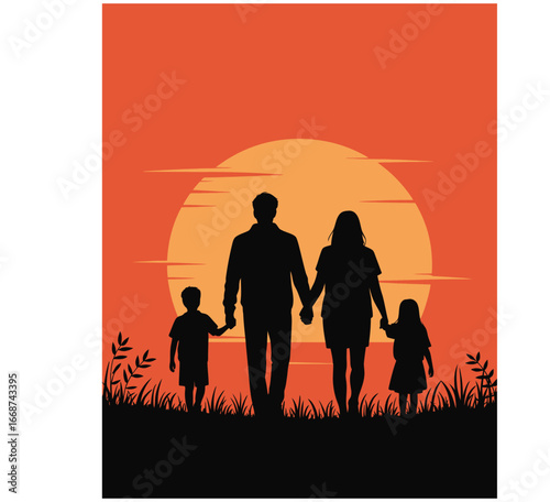 Silhouette vector of parents walking hand in hand with kids during sunset in black and white isolated illustration