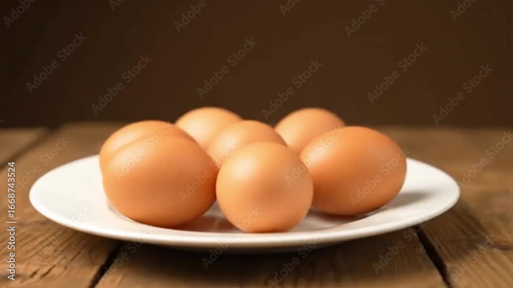 Eight brown eggs sit on a white plate placed on a wooden table against a blurred brown background Eight brown eggs sit on a white plate placed on a wooden table against a blurred brown background