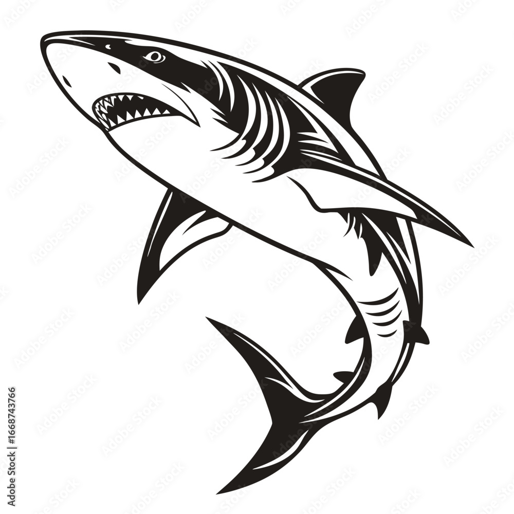 Fototapeta premium Black and white stylized shark leaping forward with open mouth and sharp teeth animal predator