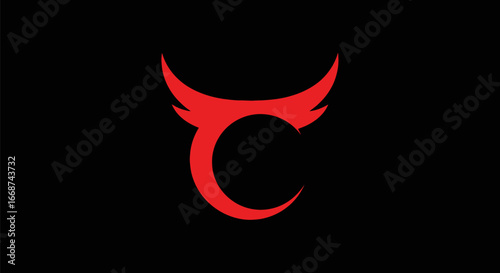 Red Horned C: Devilish Graphic Symbol on Black Background.