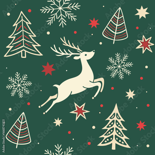 This festive Christmas pattern features a delightful array of holiday-themed elements including snowflakes, Christmas trees, reindeer, stars, and ornaments against a rich green background. Perfect for