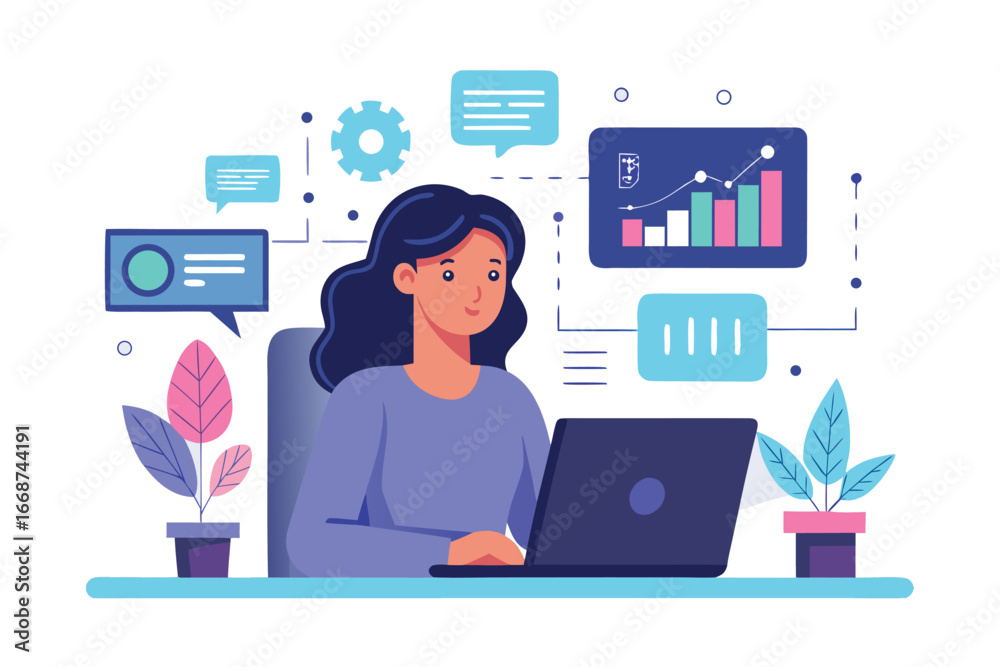 Fototapeta premium Woman working on a laptop with data analysis and communication icons