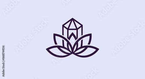 Minimalist line art logo of a crystal and lotus flower symbol.