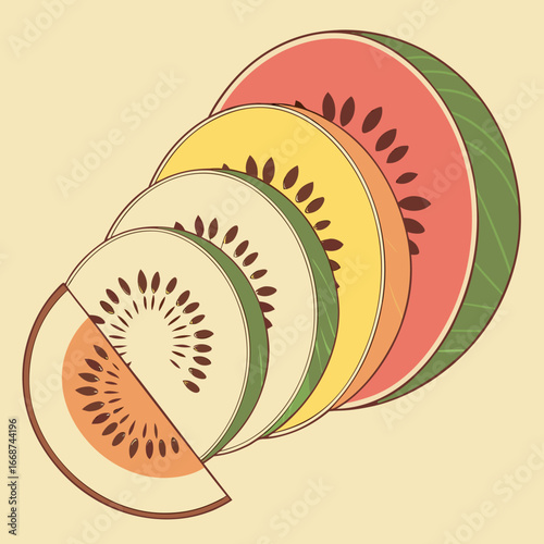 Illustration of sliced fruits including watermelon and kiwi arranged in a semi circle pattern