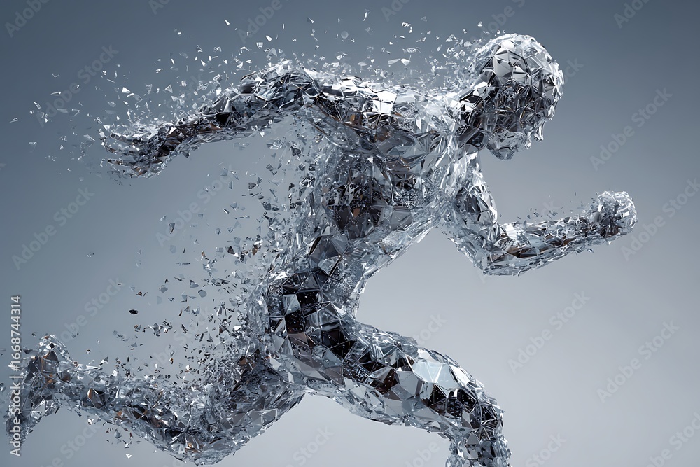 Fototapeta premium Abstract human figure dissolving into digital particles