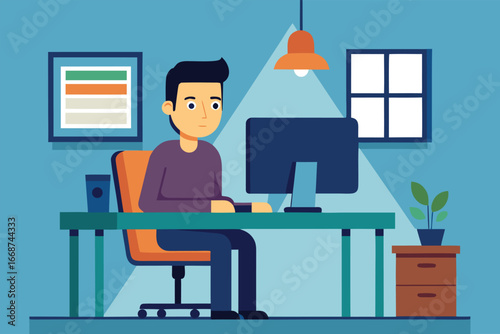 Man Working at Desk with Computer in Home Office Illustration
