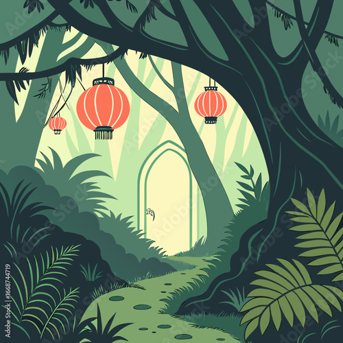 A whimsical forest scene with hanging lanterns leading to a mysterious arched doorway in the distance