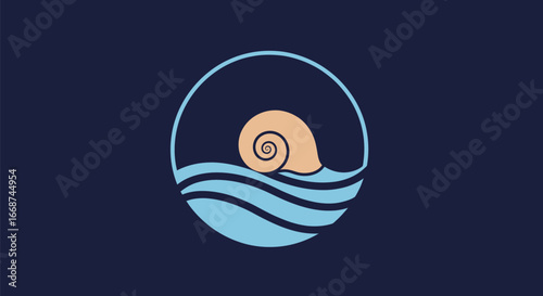 Stylized Snail Shell on Ocean Waves Logo Design.