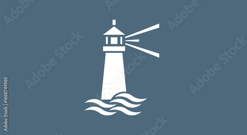 White lighthouse icon with light beam on stylized waves.