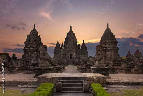 Majestic view of Sewu Temple, an 8th-century Mahayana Buddhist complex in Central Java, Indonesia, captured at sunset.