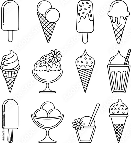 A collection of various ice cream treats in a simple line art style