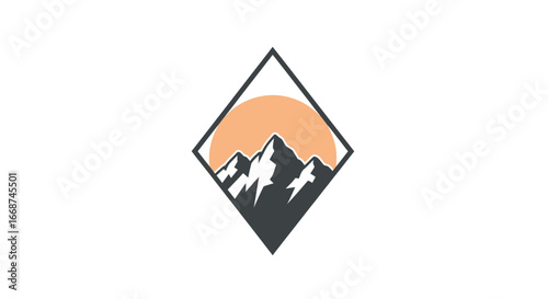 Geometric Mountain Landscape with Sun Icon.