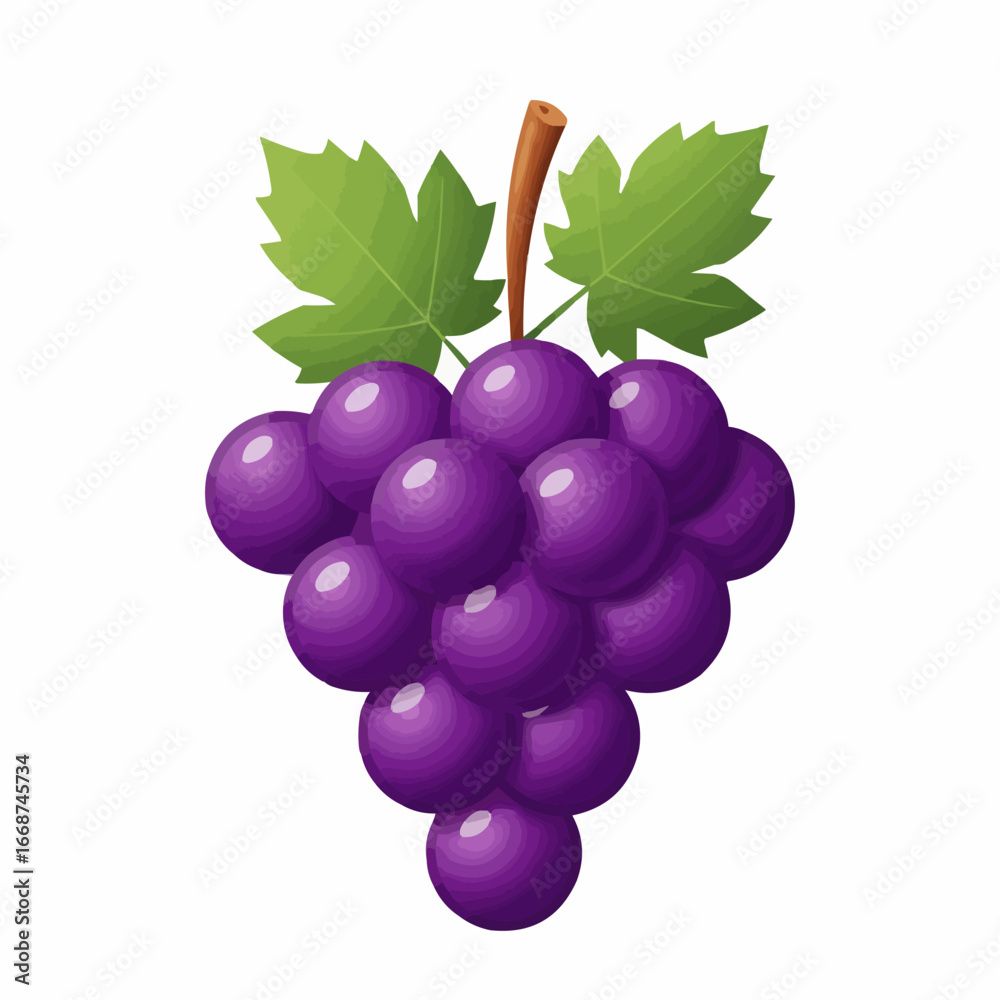 Fototapeta premium Illustration of a bunch of fresh purple grapes with green leaves and stem, isolated on a white background, perfect for healthy food and drink concepts