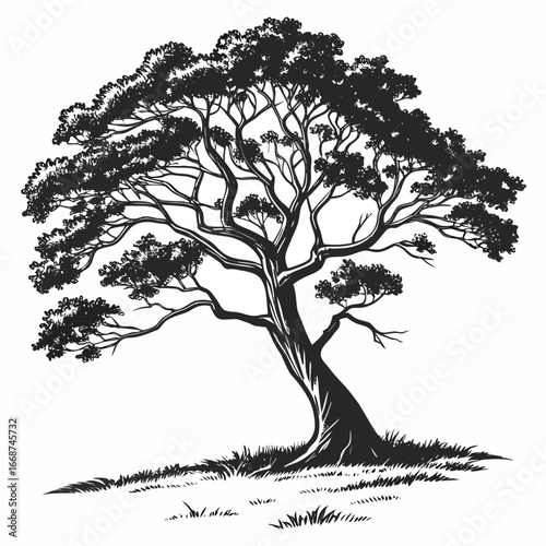 Minimalist black and white illustration of a mature tree with detailed branches and foliage nature