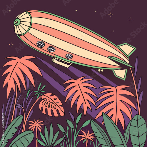 Illustration of a striped airship flying over tropical plants at night under the stars above jungle