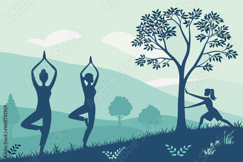 Silhouetted figures practicing yoga poses in a serene landscape with a large tree and rolling hills