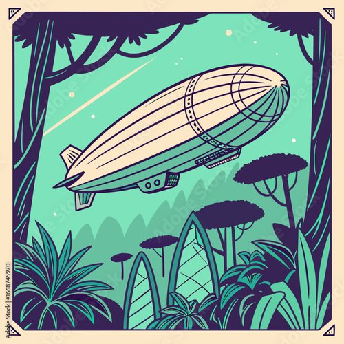 Airship flying over jungle with tall trees and lush vegetation in a square framed illustration