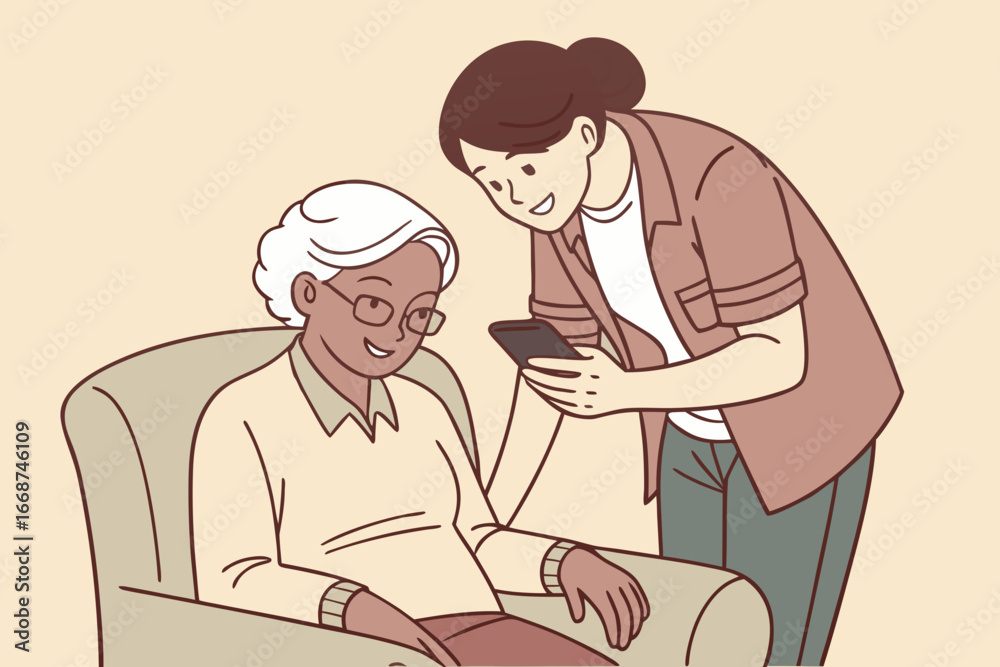Woman showing a smartphone to an elderly woman sitting in a chair in a cozy and friendly environment Woman showing a smartphone to an elderly woman sitting in a chair in a cozy and friendly environment