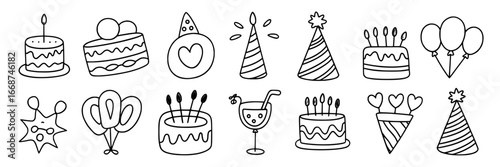 Set of 14 Hand-Drawn Birthday Party Icons: Cakes, Balloons, Party Hats, and Drinks - Black Outline on White Background