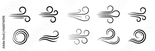 Twelve Black Line Art Wind Icons: A Collection of Swirls, Spirals, and Gusts for Weather, Nature, and Design