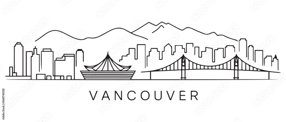 Naklejka premium Vancouver Skyline Line Art Vector Cityscape. with white background