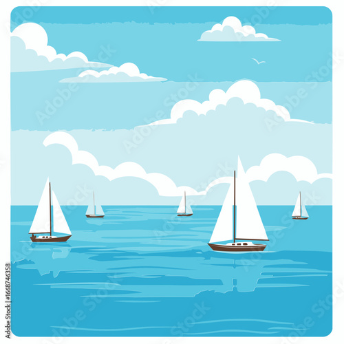 Sailboats on a placid ocean under a sunny sky. Peaceful scene of sailboats on the calm ocean with fluffy white clouds in a light blue sky.