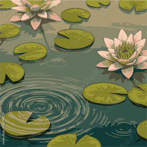 Peaceful lotus pond with tranquil water ripples and colorful lotus flowers. Detailed illustration of a serene, natural scene with a calm water surface, showcasing lotus flowers and leaves.