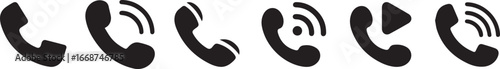 Telephone handset icons with call symbols and communication signals representing contact, customer service, mobile connection, hotline support, telecommunication, and business communication