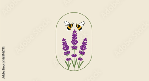 Lavender Flowers and Bees Illustration in Oval Frame.
