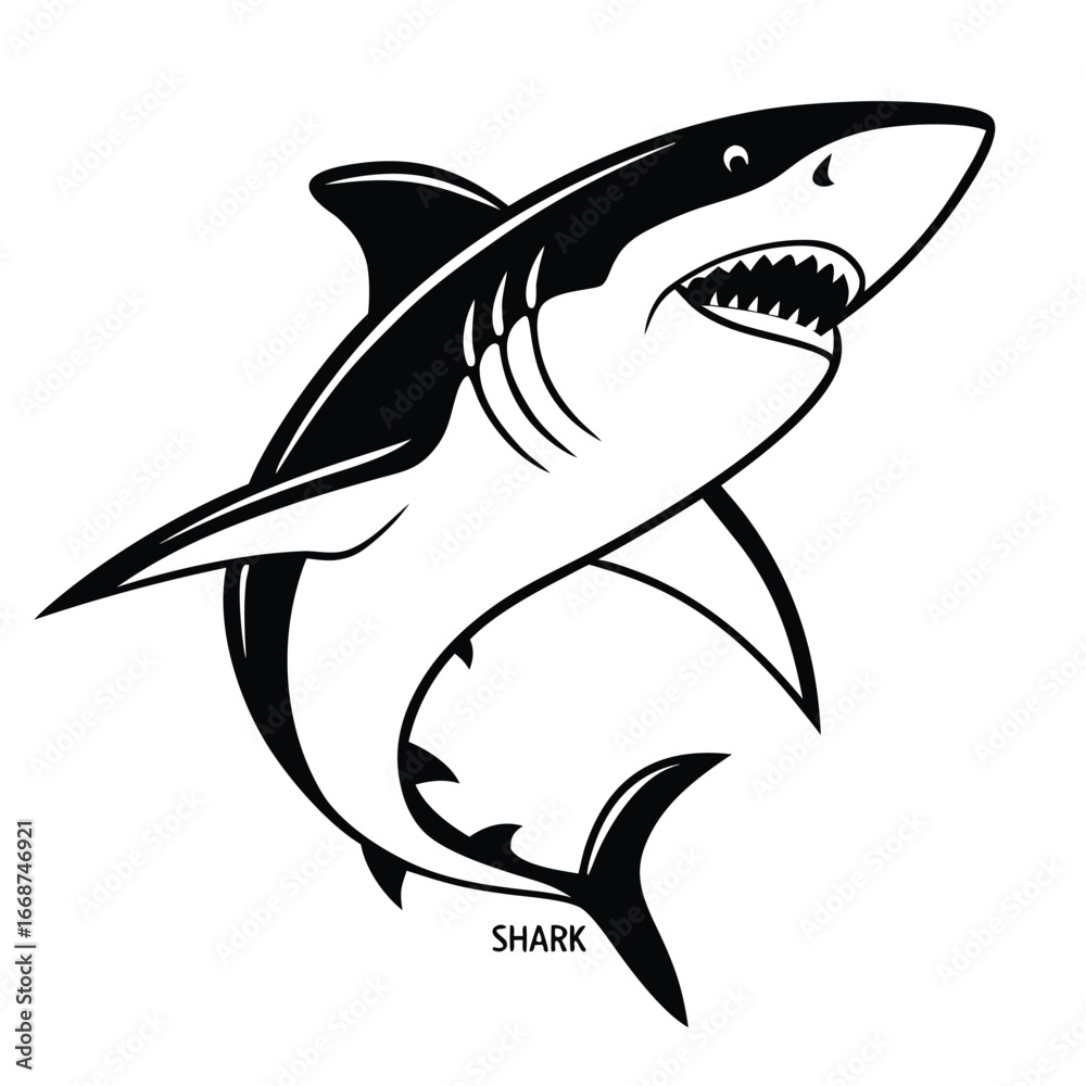 Obraz premium Stylized Black and White Great White Shark Graphic with Open Mouth animal ocean