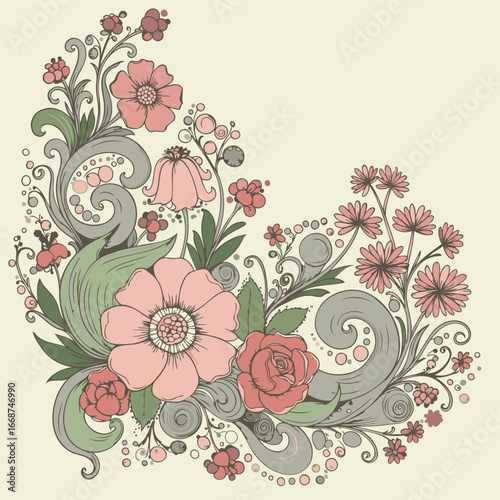 Floral corner design with pastel flowers and decorative swirls in a light cream background. Ornate floral arrangement in a decorative corner format.
